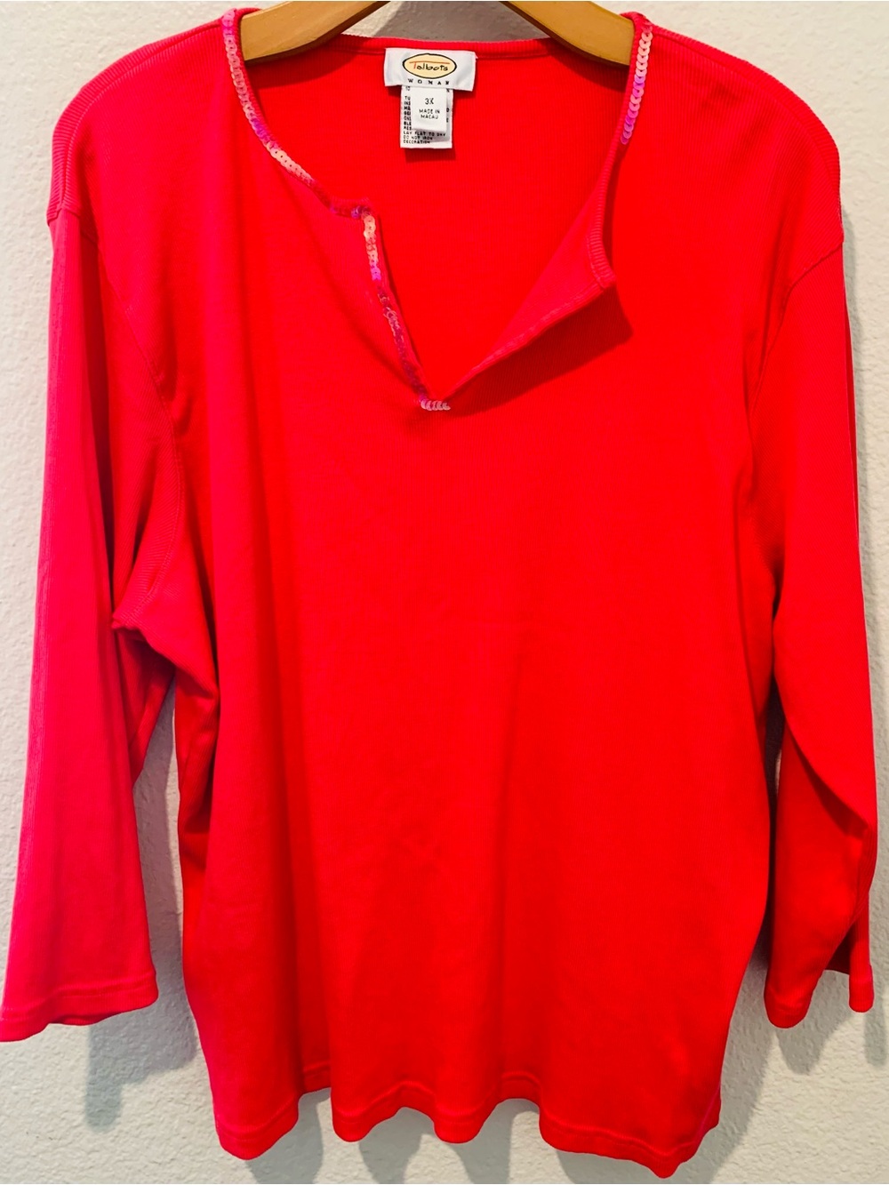 Talbots Bright Pink Long Sleeve Sequin-Trim Top